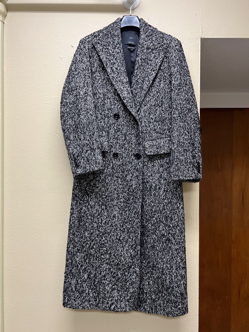 Mango Black & White Textured Double-Breasted Pea Coat